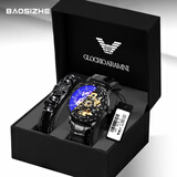 帝兹（DiziziD）手表男士机械表全自动镂空腕表夜光防水高中生学生礼物送男友 【炫彩蓝光镜面】黑壳黑面皮带