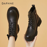 达芙妮马丁靴女牛皮骑士短靴瘦瘦靴加绒休闲皮靴女靴 黑色（绒里） 38
