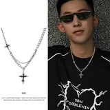 QMXD欧美风十字架项链男士潮牌百搭男生吊坠小众双层叠戴锁骨链配饰品 链长【45+5CM】