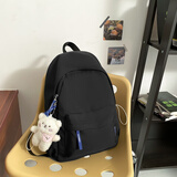 艾欣儿 学生书包女生初中生高中大学生双肩包女大容量ins韩版学院风简约纯色高颜值背包潮款 黑色带【大腮红熊挂件】