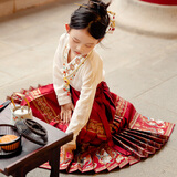 萌乎霓凰女童汉服国风马面裙套装春秋儿童汉服亲子装红色仅马面裙130