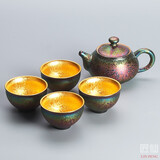 麟鹏加佳 天目釉陶瓷七彩鎏金窑变茶杯手工功夫茶具主人杯大单杯建盏高端 七彩鎏金一壶四杯