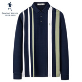 与狼共舞【100%棉】时尚撞色条纹百搭男士长袖POLO衫 102深蓝 170 
