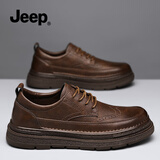 JEEP吉普男鞋2026年夏季新款休闲皮鞋男士百搭复古布洛克商务休闲鞋男 棕色 41
