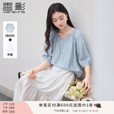 香影中袖衬衫女圆领2025夏装新款慵懒泡泡袖气质淑女宽松蓝色上衣 蓝色 S 155/80A/85-95斤