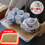 古笙记 温润如玉 景德镇陶瓷茶具套装家用茶壶茶杯子6只装带茶盘中式 【青花蝶舞】1壶6杯+储水茶盘 7件