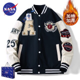 NASA BASE官方男装潮牌联名夹克男女款宽松学生外套情侣衫字母飞行员棒球服 MD-22129-深蓝色（加棉款） XL（建议130-150斤）