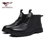 七匹狼男鞋冬季头层牛皮薄绒男靴工装马丁靴D86423435747 黑色加绒 40