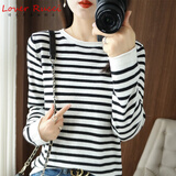 LOVER RUCCI法国纯棉秋冬季新款圆领条纹卷边针织衫女纯棉线长袖t恤宽松打底 黑白色 XL
