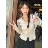 怡曼芙针织衫女秋冬新款复古撞色修身显瘦毛衣女内搭开衫打底衫短款上衣 杏色 均码 -建议85-125斤