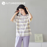 秋鹿睡衣女士【带胸垫】25夏季纯棉圆领印花短袖七分裤外穿家居服套装 紫色 M