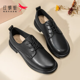 红蜻蜓女鞋2024春秋季厚底小皮鞋女软皮真皮粗跟牛津鞋系带舒适女士皮鞋 黑色WLB33260 36