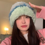 目丸加厚毛绒绒针织帽子女秋冬款防寒毛线帽保暖护耳显脸小韩版大头围 绿蓝灰拼色毛绒帽