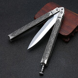 牧笛C80蝴蝶练习刀甩手刀野营训练刀复古雕花手柄精美礼品酷玩刀折刀 C80银色开口