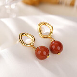 九壹银庄925银南红玛瑙个性时尚气质女士款耳钉耳坠耳扣母亲节礼物 一对925银