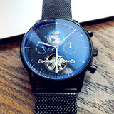 艾浪镂空飞轮全自动机械表男士手表地球风时尚潮流商务防水送男神腕表 黑壳黑面黑网带