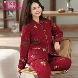 多俏美睡衣女纯棉夹棉袄秋冬款三层保暖加厚格子全棉服家居服套装冬天 TG66044#|套装 XL