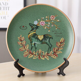 蒂拉 美式乡村陶瓷装饰盘子摆件摆盘看盘客厅样板房玄关装饰品摆设 1136绿底花鹿摆盘带支架