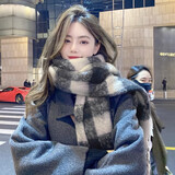 纳斯迪伦鲨鱼围巾男女秋冬季新款百搭韩版送女友礼物千鸟格子流苏冬天围脖潮 茶墨黑