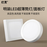 灯灵 led明装面板灯圆方形筒灯超薄厨房过道玄关卫生间平板吸顶灯灯具 明装圆形12W-白光（4个装）