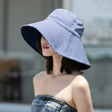 SOMUBAY遮阳帽女遮脸夏天太阳帽子大S同款防紫外线防晒帽双面日系渔夫帽 DYM-491【藏青_条纹】帽檐11CM L（59-61cm）