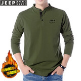 吉普（JEEP）长袖t恤男加绒加厚2023年秋冬季宽松大码纯色立领棉T桖卫衣男 军绿色加绒 XL(建议151-165斤)