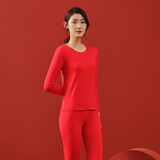 好波男秋衣套装素色棉氨高弹性圆领薄款打底内衣女修身秋衣秋裤HLL3.0 女士-大红 L (165)