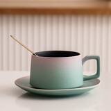 瓷牌茗茶具 欧式咖啡杯节日礼物渐变陶瓷早餐杯牛奶杯办公室水杯子马克杯 渐变绿知心咖啡杯+碟子勺子+简装
