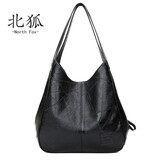 北狐复古真皮托特包简约百搭羊皮单肩手提包多隔层大容量休闲女士斜挎 黑色牛皮