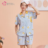 都市丽人睡衣女夏季翻领开衫棉质短袖短裤女士家居服套装可外穿睡衣2H2101