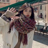 浩冠 围巾女秋冬季韩版百搭长款披肩加厚保暖围脖格子冬天学生千鸟格 酒红色