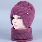 冬天中老年人帽子女妈妈兔毛线帽加绒加厚奶奶老太太针织保暖棉帽 皮紫（帽子+围脖） 均码有弹力