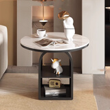 高端沙发边几小茶几客厅钢化玻璃小茶几轻奢置物架酒店家用床头柜 黑色-加粗款-雪山白岩板