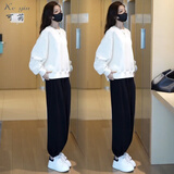 可茵（Keyin）卫衣女运动套装女2026年秋冬新款圆领宽松减龄上衣高腰休闲裤子女 白色卫衣+裤子 XL