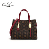 SATCHI沙驰女包复古手提包简约PVC大容量斜挎包多色SU25659-1FR 啡色/酒红色