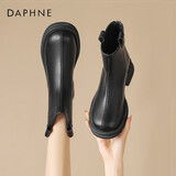 达芙妮短靴女加绒复古厚底瘦瘦靴粗跟马丁靴女鞋子 黑色（单里） 38