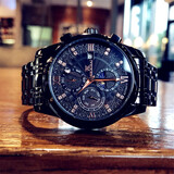 威斯凯（WSK）潮流男士手表六针全自动机械表时尚防水夜光飞轮送礼男神轻奢腕表 黑钢黑面玫金刻度