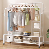 木樽多功能挂衣架落地卧室简易晾衣杆晾晒衣服收纳置衣架子室内衣帽架 (150cm 白)双杆双层网+侧网 带轮 大