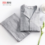 美标情侣睡衣女长袖纯棉春秋三层棉纱全棉外穿格子软棉棉家居服套装冬 637男士气质灰 M