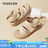意尔康皮鞋女软底坡跟平底鞋中年妈妈魔术贴皮凉鞋 11001W 杏色 39