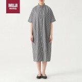 无印良品（MUJI）女式 棉桑蚕丝 短袖连衣裙 裙子 长裙 BC05CC3S 黑色条纹 L-XL