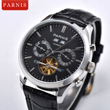 柏尼时（PARNIS） 月相星辰手表 男士飞行员镂空自动机械表 豪雅男表 皮带经典腕表 年历表黑盘－PA6089－43.5mm