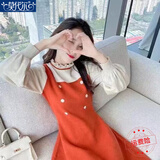 莫代尔法式针织连衣裙女2025秋冬新款收腰显瘦小个子假两件中长款毛衣裙 橘红色 XL 115-125斤