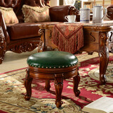 乐满庭美式实木小圆凳客厅泡茶凳子 复古茶几凳雕花小凳子皮凳圆形矮凳
