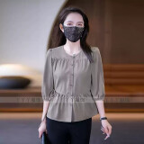忆灵遮肚子衬衫女七分袖2025新款夏季收腰衬衣设计感雪纺上衣 浅咖 3XL (140-150斤)