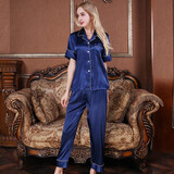 达芬奇密码睡衣女冬短袖丝性感春冬天女人薄款大码家居服冰丝品牌睡衣女礼物 藏青 XL