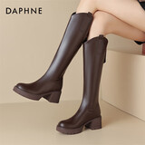 达芙妮长筒靴女厚底英伦风骑士靴不过膝加绒女鞋子4023605005 绒棕 37