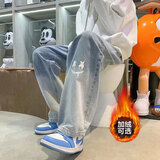 错搭休闲裤子牛仔裤男士秋冬季2025新款直筒宽松阔腿男裤黑色加绒加厚 浅蓝色 L