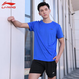 李宁（LI-NING） 运动服男女新款羽毛球服T恤短袖速干短裤春夏季乒羽网服 男款蓝色上衣 XL
