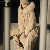 XAQ羽绒服女长款2023秋冬时尚洋气90白鸭绒加厚保暖狐狸大毛领外套女 熔岩驼 S（80-110斤）